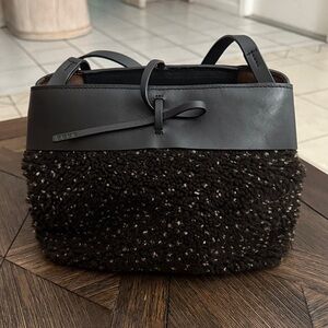 KARA Tie Shoulder Bag Leather & Speckled Shearling | Black Trim